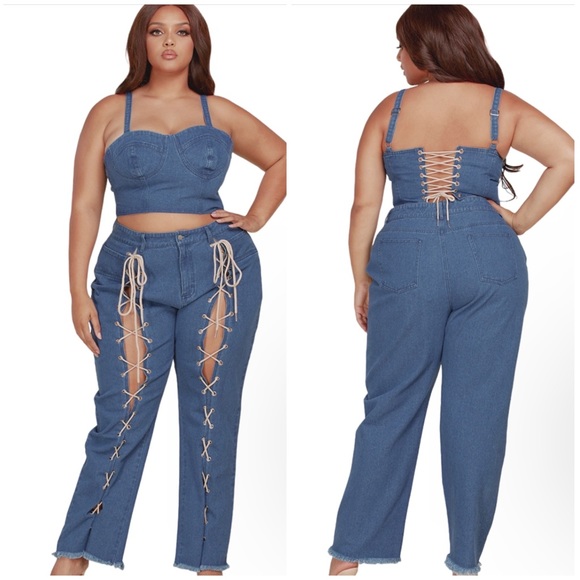 Denim Set Features A Bustier-Style Cropped Top And High Waist Pants